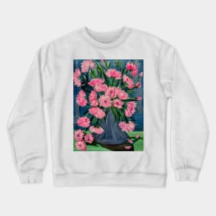 Pink and white carnations flowers in a blue and silver metallic vase. Crewneck Sweatshirt